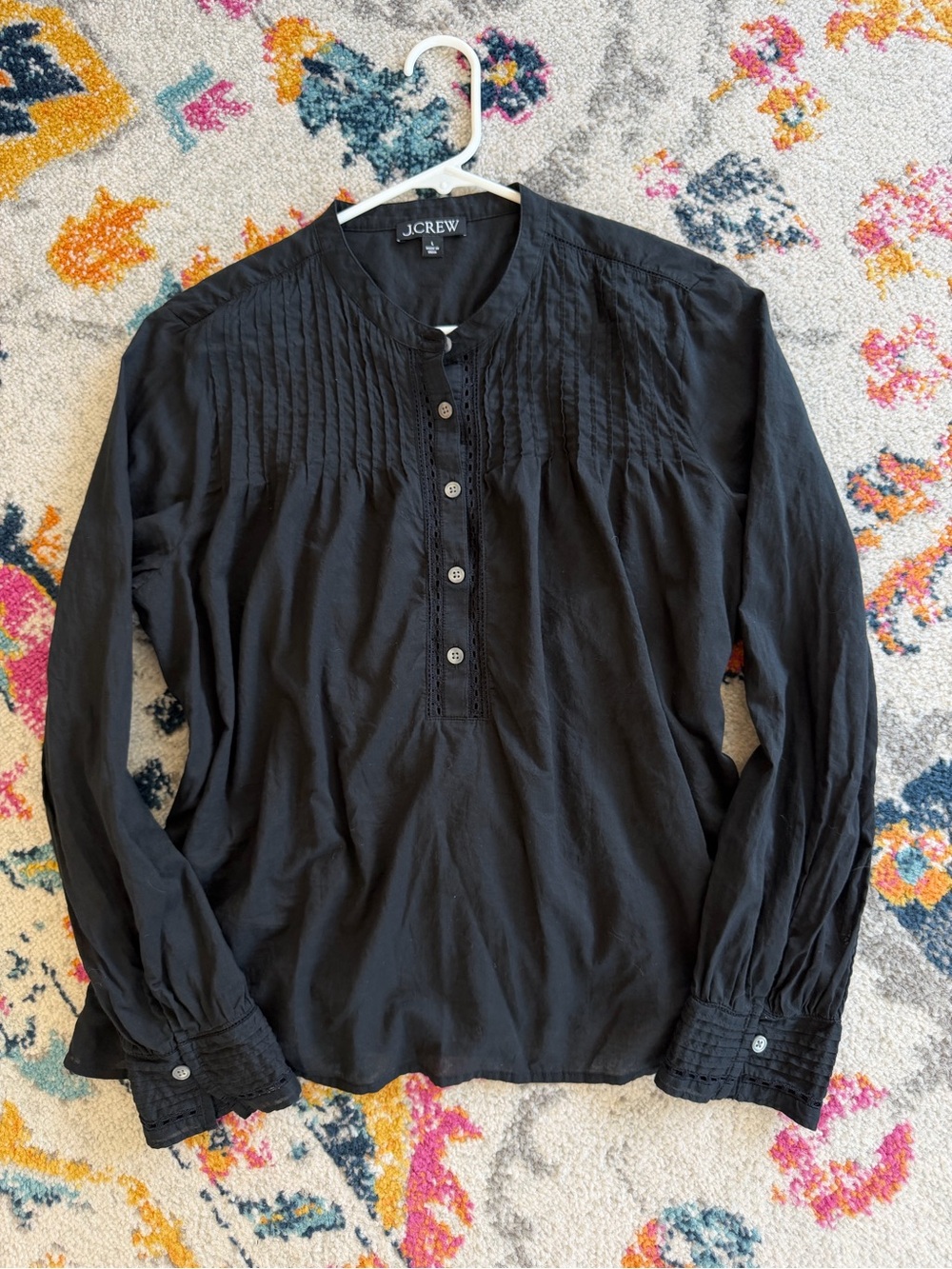 J. Crew Black Long Sleeve Pintuck Button-Front Shirt Lined Cotton